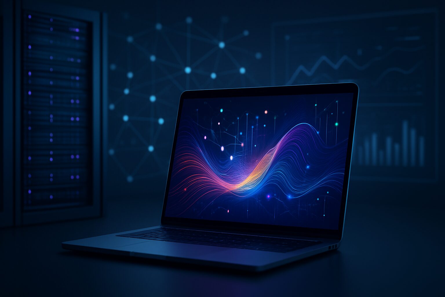 A laptop displaying colorful data visualization against a dark background with server racks
